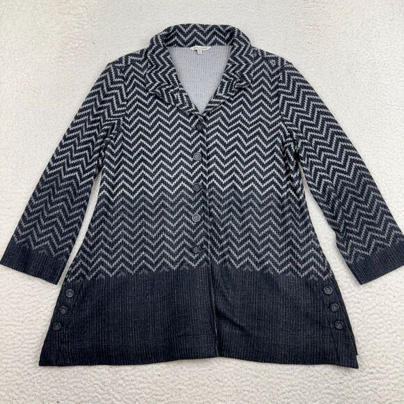 John Mark Sweaters - John Mark Sweater Womens Medium Tunic Button Front Knit Zigzag‎ Print Gray Black